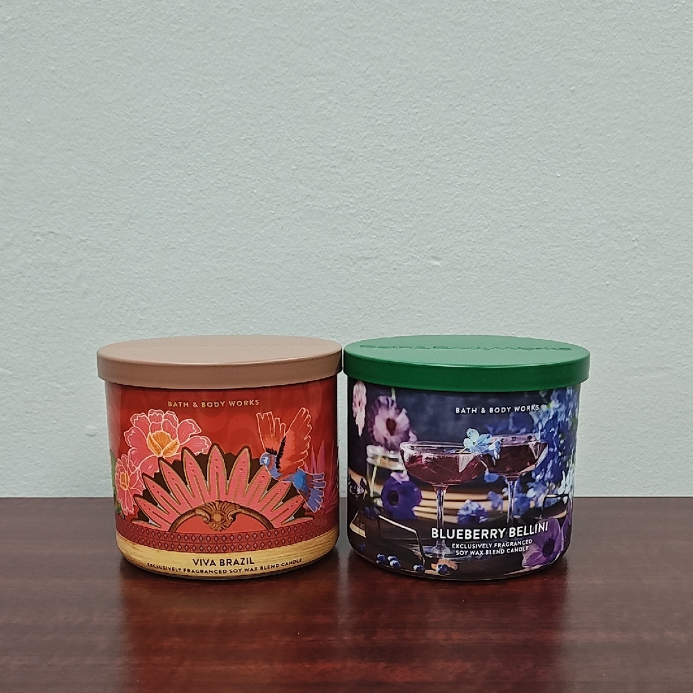 Bath & Body Works VIVA BRAZIL + BLUEBERRY BELLINI 3 Wick Candle Bundle